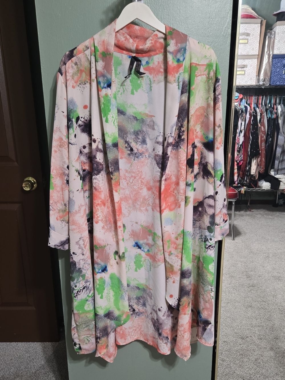Melissa McCarthy Watercolor Floral Kimono - Coral, Green & Black